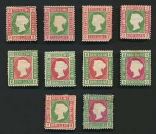 Heligoland Stamps 1868 - 1885 2sch & 6 Sch Perforated,  Shades & Types
