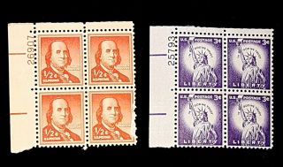 1956 Plate Blocks 1030a & 1035c Mnh Us Stamps Franklin/liberty Series