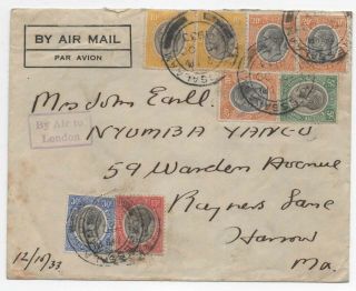 Kut - Tanganyika 1933 Kgv Airmail To Usa With Violet Boxed " By Air To London "