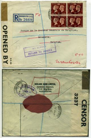 Gb 1940 Cover To Belgium With ‘no Service Return To Sender Cachet