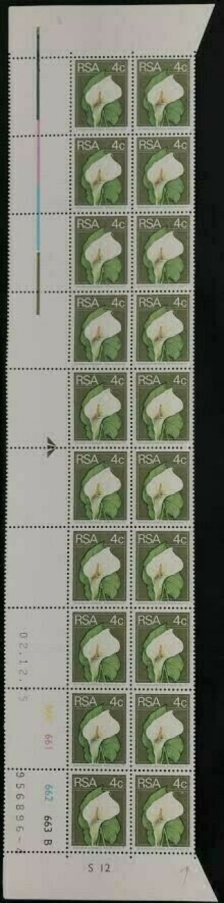 South Africa 1974 Rsa 4c Arum Lily Marginal Arrow Block Of 20 Mnh Sg381