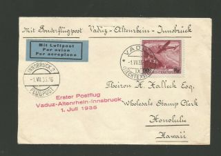 1935 Liechtenstein Special Flight Cover Vaduz To Innsbruck Surcharged Airmail