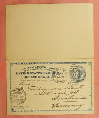 1899 Double Postal Card Uy2 Brooklyn Ny To Germany
