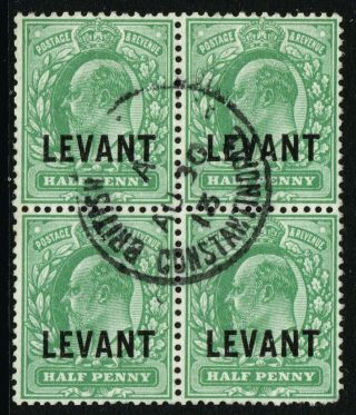 Sg L11 British Levant 1912 - Halfpenny Dull Yellow - Green Block Of 4 -