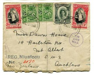 Tonga 1940 Multi - Stamped Registered Tin Can Mail Cover Niuafoou To Auckland,  Nz