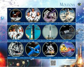 Moldova 2019,  Space,  Astronauts,  Apollo 11,  50th Anniversary,  Sheetlet Of 12v