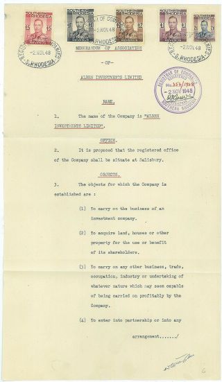 Sth Rhodesia - 1948 Memorandum With Large Kgvi Revenues To £10 (es366b)