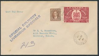 1939 E8 20c Special Delivery Last Day Cover,  Addressed To Rosenbaum,  Montreal