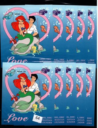 / 10x Nevis - Mnh - Disney - Cartoons - Ariel - Mermaid - Fish