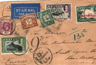 Ceylon Kgv Cover Underpaid Air Mail Gb 9d Postage Dues 1936 135c Taxe Fts Ma232