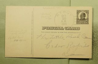 Dr Who 1909 Stout Ia Doane Cancel Postal Card Ux20 To Cedar Rapids Ia E46449