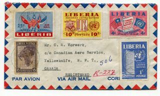Liberia 1953 Registered Airmail Cover To Nwt Canada Via Toronto / Edmonton