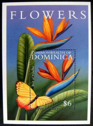 2000 Mnh Dominica Flowers Stamp Souvenir Sheet Bird Of Paradise Flower Butterfly