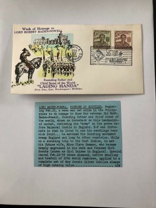 1959 Manila Philippines Baden - Powell Bsa Boy Scouts Cachet First Day Cover Stamp