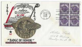 1946 Fdc,  940,  3c Honorable Discharge,  Cc / Staehle Cachet,  Block Of 4