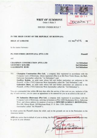 1998 Botswana Writ Of Summons Revenue Document With Bft:3 10p Blue & Black Pair.