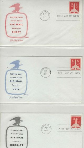 Usa 1971 (3) Different First Day Covers Airmail Sheet Coil And Booklet