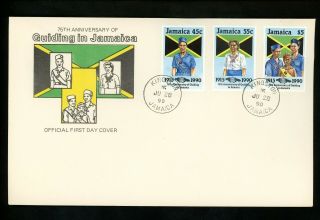 Postal History Jamaica Fdc 721 - 723 Girl Guides 75th Anniversary Flag Scout 1990
