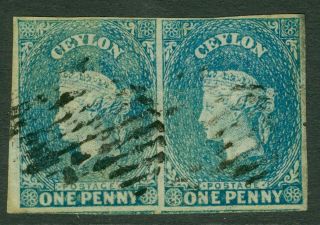 Sg 2 Ceylon 1857 - 59.  1d Deep Turquoise Blue Horizontal Pair.  Good,  Full.