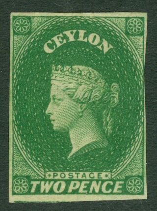 Sg 3 Ceylon 1857.  2d Green.  Mounted,  4 Margins Very Close To Good Cat £200