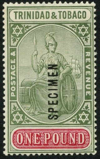 Trinidad & Tobago Sg 215s 1921 - 22 £1 Green & Carmine Ovpt Specimen Very Fine Lmm