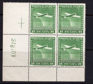 Chile 1944 - 55 International Airmail 8p No Wmk Mnh Block Of 4 Plate Number 216 - 03