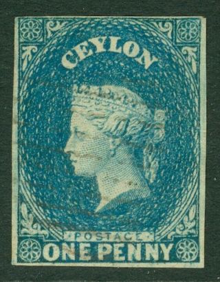 Sg 2a Ceylon 1857 - 59.  1d Blue.  Very Fine.  4 Margins Cat £80