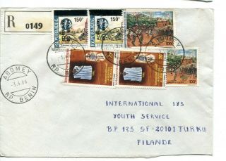 Benin 1986 Overprinted Prehistoric Animal 2 Stamp On Registered Cover To Finland