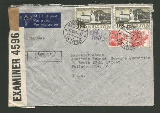1941 Switzerland Scarce Franking On Censored Cover To U.  S Quakers