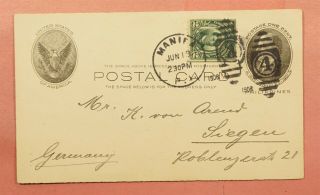 1908 Philippines Ux7 Uprated Postal Card Manila To Germany Overpaid