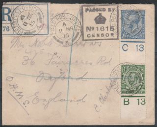 1915 George V Controls On Registered Ohms Field Post Office Cover Censored