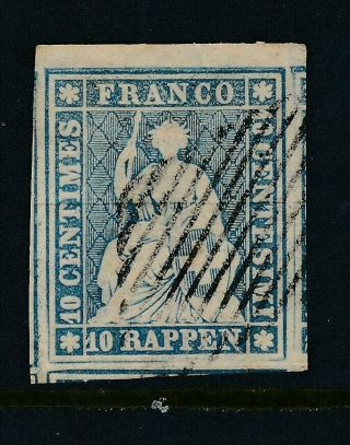 D267187 Switzerland Vfu 1855 Sitting Helvetia Thin Paper Emerald Silk Thread 10r