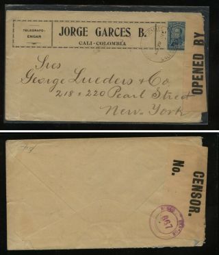 Colombia,  Cali Ww1 Censor Cover To Us 1918 Kl0915
