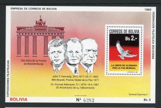 Bolivia Scott 812 Note Mi Blk 196 Mnh World Peace Jfk Adenauer Brandt Cv$12,