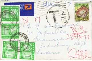 Rhodesia 1978 Johannesburg Sa Incoming Card Taxed T2/20 With 1c P/due X4
