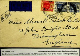 Ceylon Colombo 1931 Rare Blue Airmail Etiquette On Gv 3v Cover To England