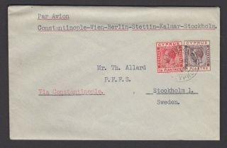 Cyprus August 1929 Air Mail Cover To Sweden Via Constantinople,  Rare