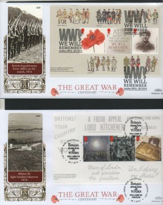 Gb 2014 Benhams Gold Fdc The Great War Booklet Panes 4 Postmark Stamps 4 Covers