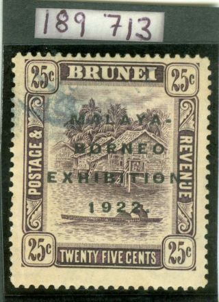 Sg 57 Brunei 1922 25c Deep Dull Purple.  Fine Cancelled By Favour.  Rps Cert