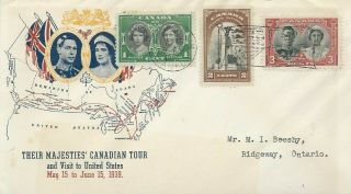 1939 Fdc Of Canada Royal Visit On Cover With Map Of The Trip