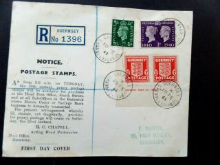 Guernsey 18 Feb 1941 Registered Env Fdc Of 1d Arms,  Gb Stamps On Display Cover
