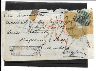 Gb 1874 1/ - Shilling Rate Cover To Ceylon.  Calle/colombo Unpaid 9d To Pay