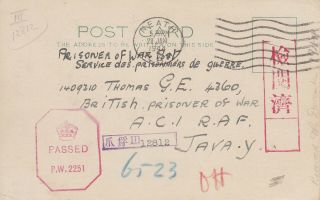 Ww2 1944 Card Gb & Japanese Censor Marks Uk To British Pow.  In Java