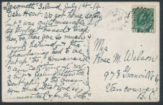 1914 Lasqueti Bc Split Ring Postmark On Pc To Vancouver