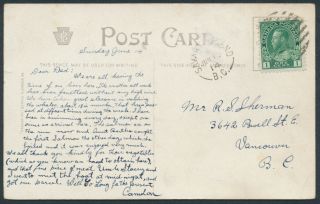 1914 Savary Island Bc Split Ring Postmark On Pc To Vancouver,  Message