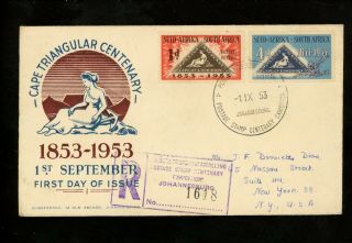 Postal History South Africa Scott 193 - 194 Fdc Cape Triangle Stamp On Stamp 1953