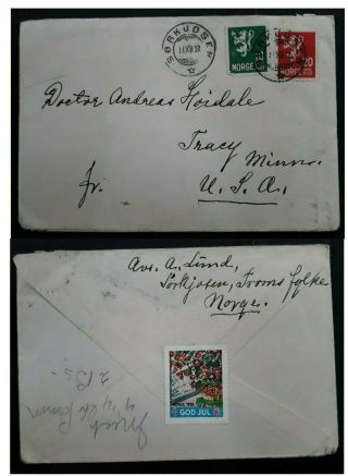 Rare 1938 Norway Cover Ties 2 Coat Of Arms Stamps & Cinderella Canc Sørkjosen