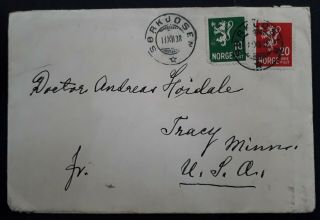 RARE 1938 Norway Cover ties 2 Coat of Arms stamps & Cinderella canc Sørkjosen 2