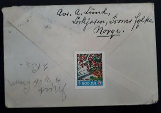 RARE 1938 Norway Cover ties 2 Coat of Arms stamps & Cinderella canc Sørkjosen 3