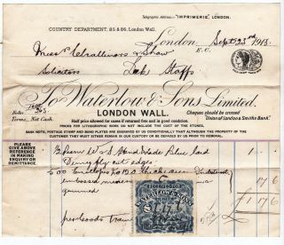 Waterlow Printer Banknotes Printing Engraver Receipt Stamp 1913 London